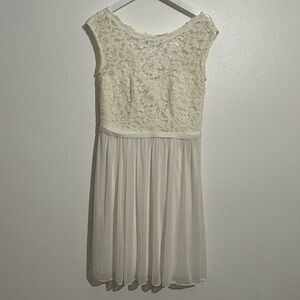 David’s Bridal Lace Illusion Neckline Dress with Mesh Skirt Ivory